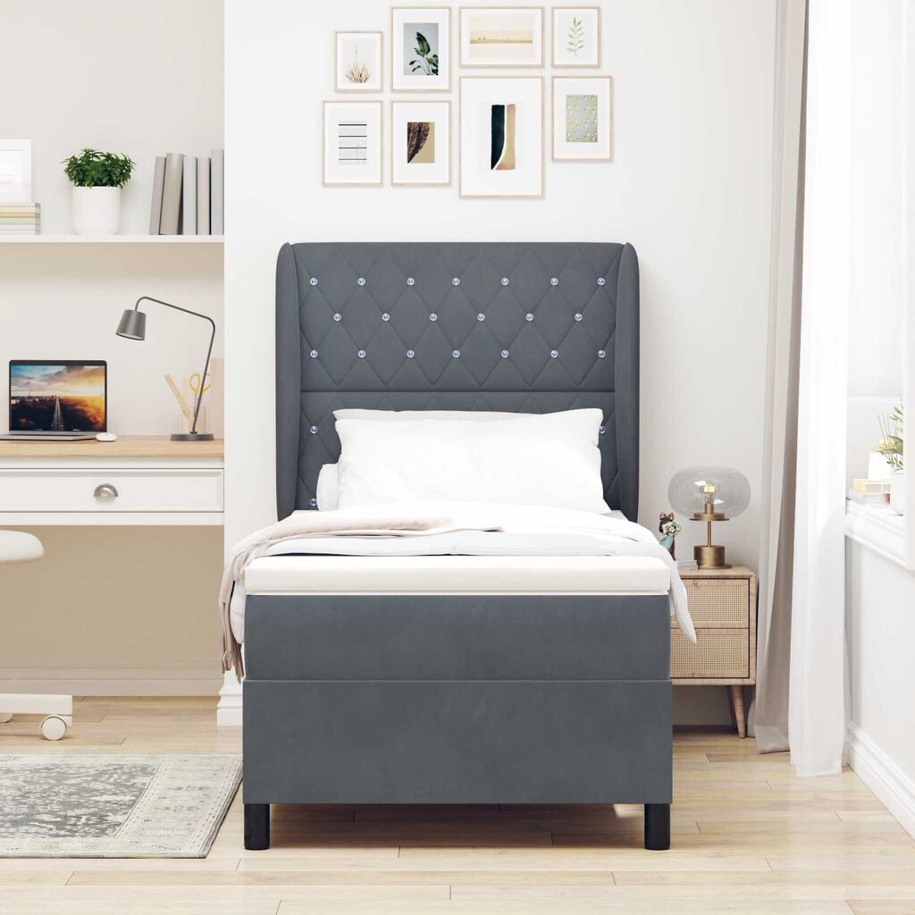 vidaXL Κρεβάτι Box Spring με Στρώμα Σκοτεινό Γκρι 90x190 εκ Βελούδο