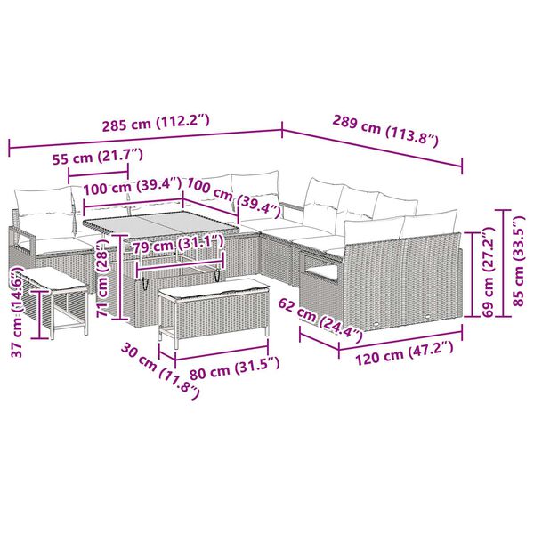 vidaXL Σετ Καναπέ Κήπου με μαξιλάρι 13 pcs Γκρι 100 x 100 x 71 cm