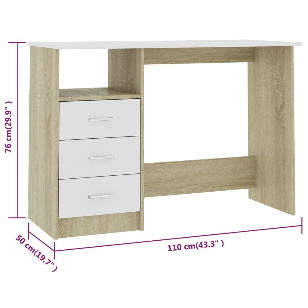 vidaXL Γραφείο με Συρτάρια Λευκό/Sonoma Δρυς 110x50x76 εκ. Μοριοσανίδα