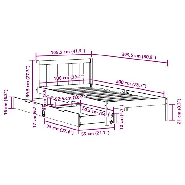 vidaXL Σκελετός Κρεβατιού Χωρίς Στρώμα Λευκό 100x200 εκ. Μασίφ Πεύκο