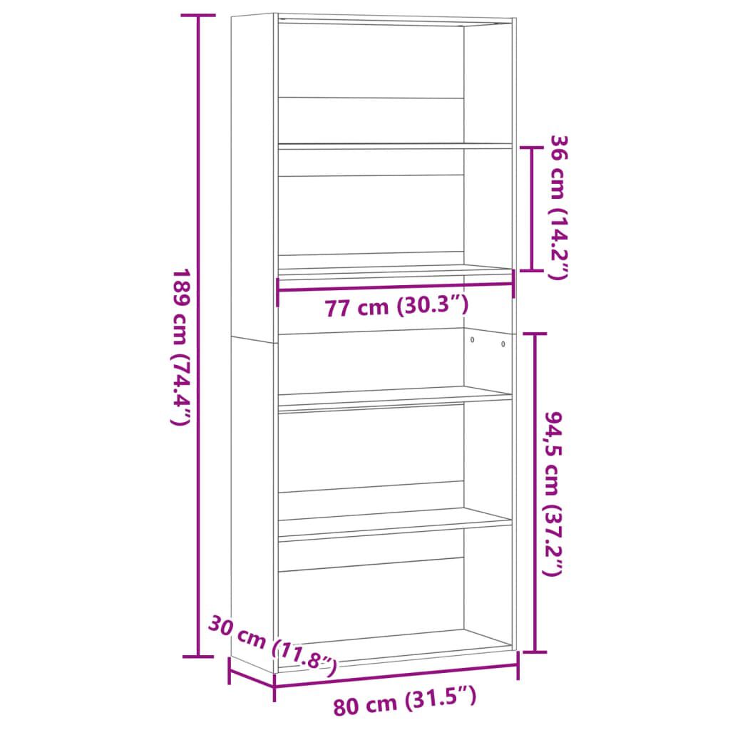 vidaXL Βιβλιοθήκη με 5 Ράφια Μαύρη 80x30x189 εκ. Επεξεργασμένο Ξύλο