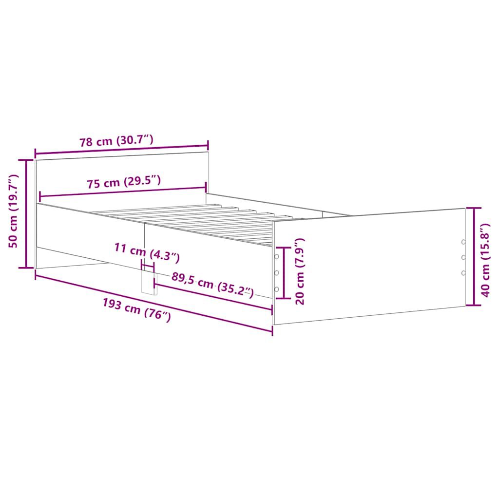 vidaXL Πλαίσιο Κρεβατιού Μαύρο 75 x 190 εκ. Επεξεργ. Ξύλο Small Single
