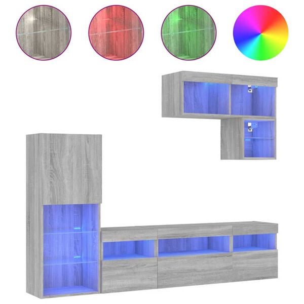 vidaXL Έπιπλα Τοίχου Τηλεόρασης 6 τεμ. LED Γκρι Sonoma από Επεξ. Ξύλο