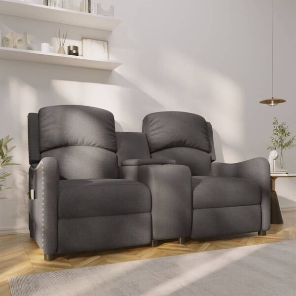 vidaXL Πολυθρόνα Μασάζ Διθέσια Ανακλ. με Ποτηροθήκες Σκ. Γκρι Υφασμάτ.