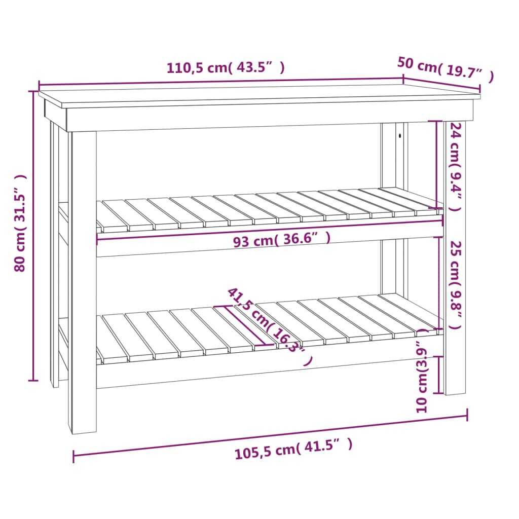 vidaXL Πάγκος Εργασίας Γκρι 110,5x50x80 εκ. από Μασίφ Ξύλο Πεύκου