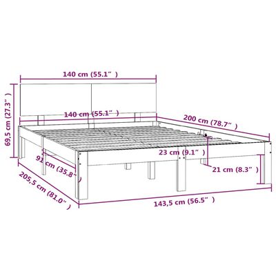 vidaXL Πλαίσιο Κρεβατιού Γκρι 140 x 200 εκ. από Μασίφ Ξύλο Πεύκου