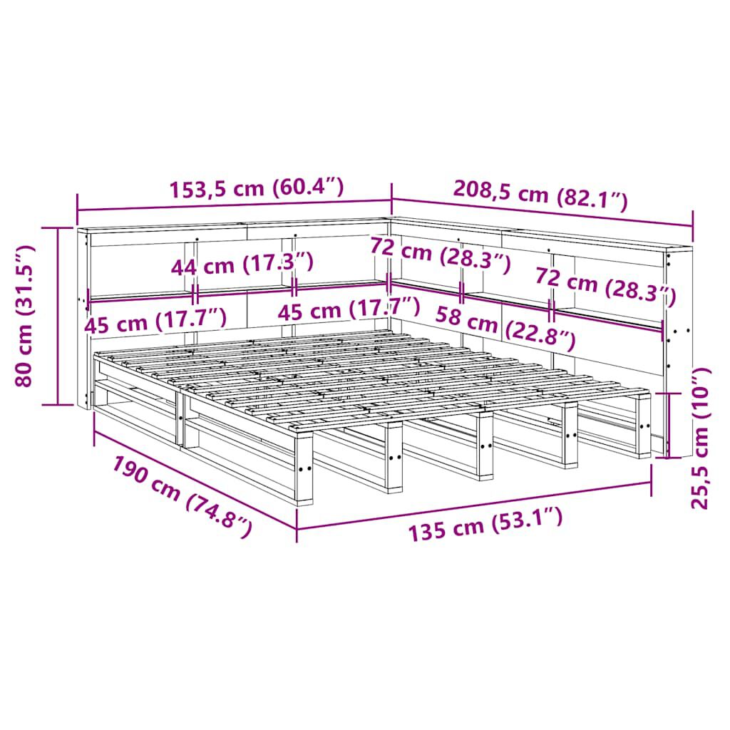 vidaXL Κρεβάτι Βιβλιοθήκη Χωρίς Στρώμα 135x190 εκ Μασίφ Ξύλο Πεύκου