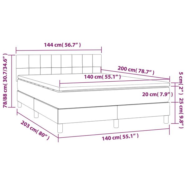 vidaXL Κρεβάτι Boxspring με Στρώμα & LED Σκ. Γκρι 140x200εκ. Βελούδινο