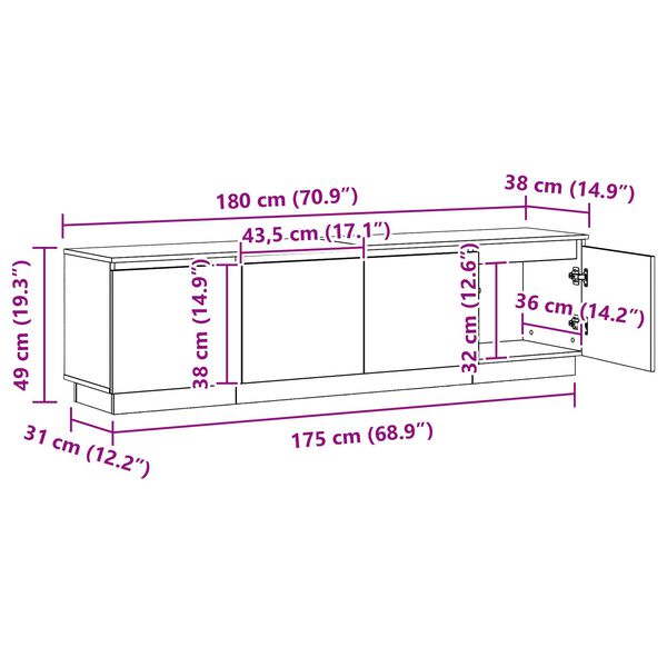 vidaXL Βιτρίνα τηλεόρασης με LED Μαύρη δρυς 180 x 38 x 49 εκ