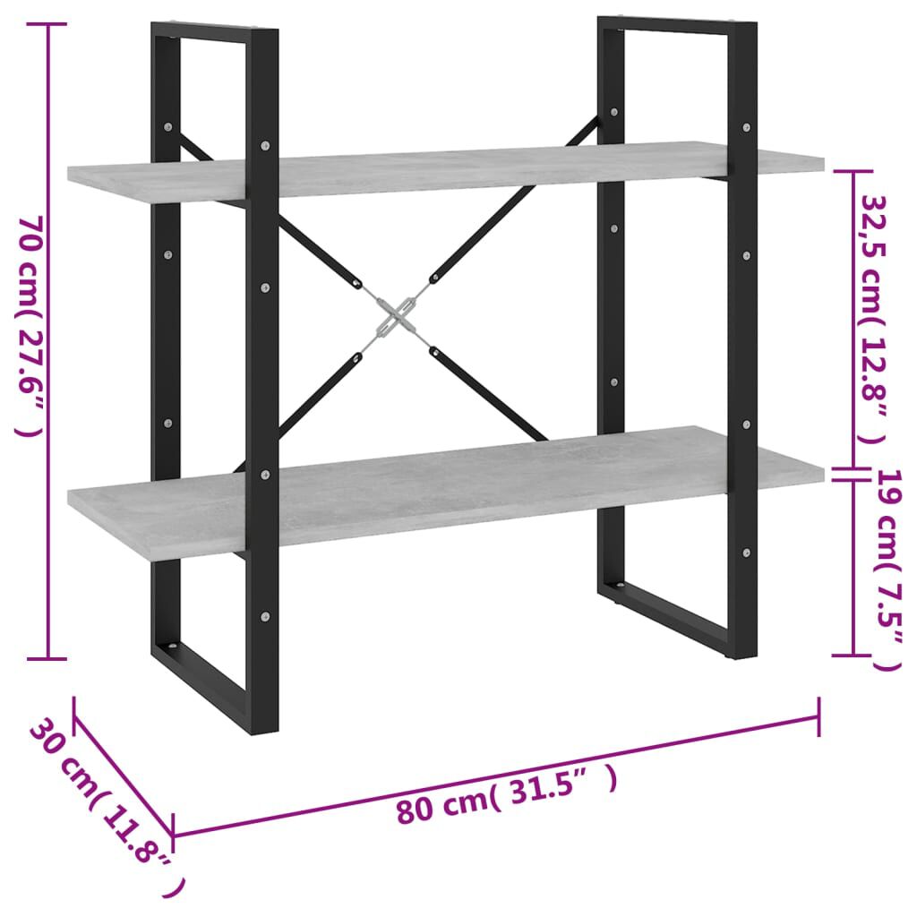 vidaXL Βιβλιοθήκη με 2 Ράφια Γκρι Σκυρ. 80 x 30 x 70 εκ. Επεξ. Ξύλο