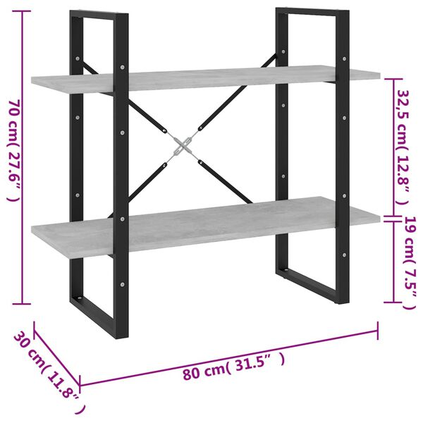 vidaXL Βιβλιοθήκη με 2 Ράφια Γκρι Σκυρ. 80 x 30 x 70 εκ. Επεξ. Ξύλο