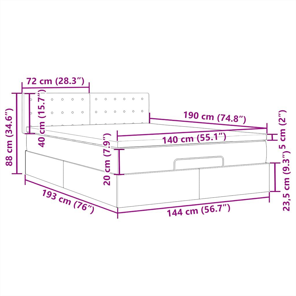 vidaXL Οθωμανικό κρεβάτι με στρώμα & LEDs Σκούρο γκρι 140x190cm Ύφασμα