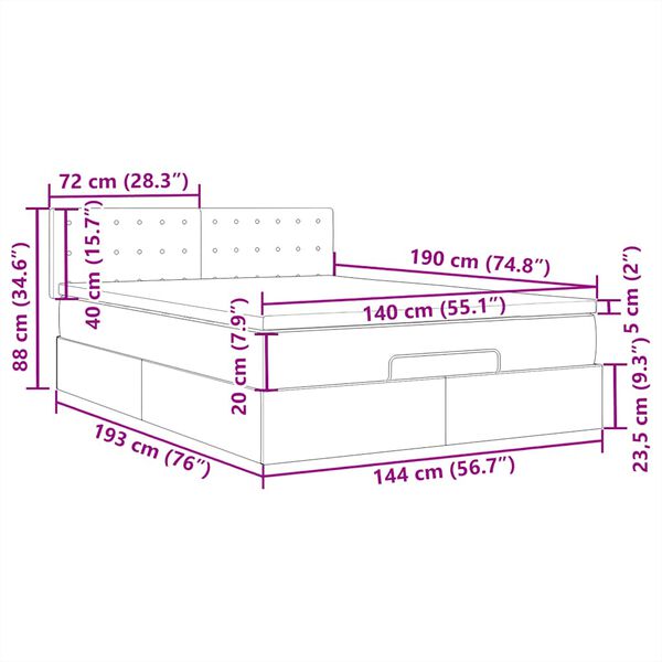 vidaXL Οθωμανικό κρεβάτι με στρώμα & LEDs Σκούρο γκρι 140x190cm Ύφασμα