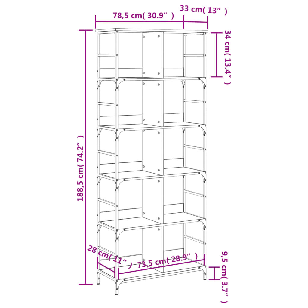 vidaXL Βιβλιοθήκη Καφέ Δρυς 78,5 x 33 x 188,5 εκ. Επεξεργασμένο Ξύλο
