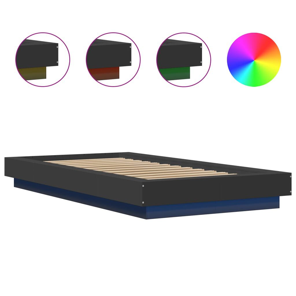 vidaXL Πλαίσιο Κρεβατιού με LED Μαύρο 75x190εκ. από Επεξεργασμένο Ξύλο