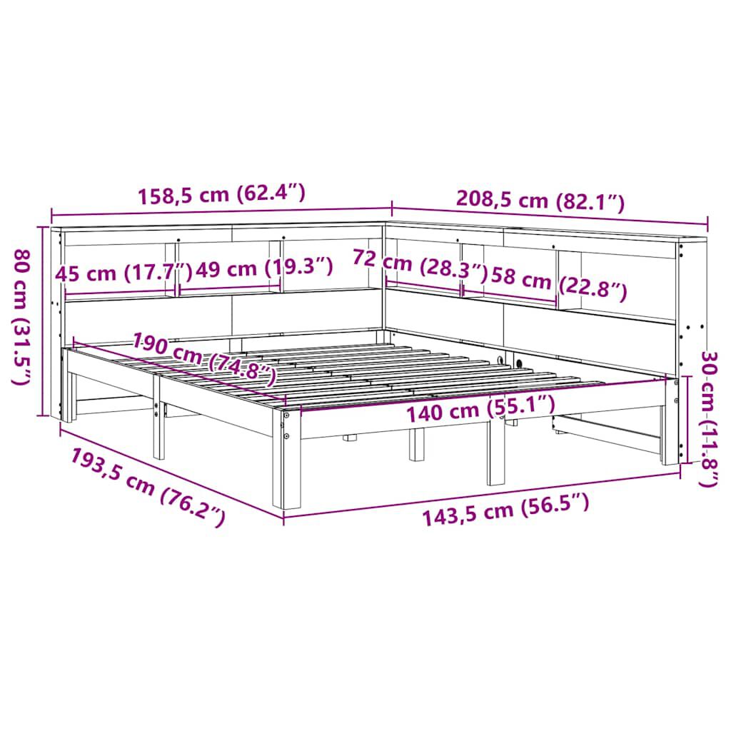 vidaXL Κρεβάτι Βιβλιοθήκη Χωρίς Στρώμα 140x190 εκ Μασίφ Ξύλο Πεύκου