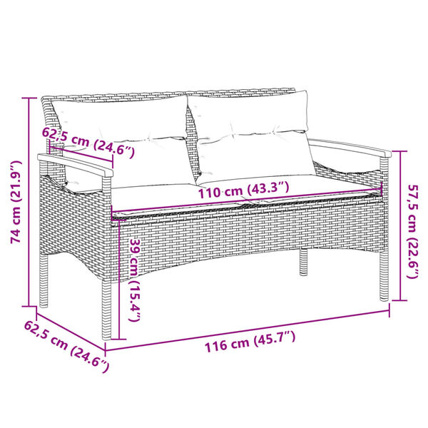 vidaXL Παγκάκι Κήπου Γκρι 116x62,5x74εκ. Συνθετικό Ρατάν με Μαξιλάρια