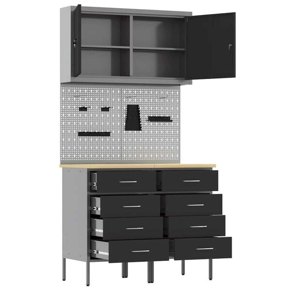 vidaXL Πάγκος εργασίας με συρτάρι 5 pcs Μαύρο 100 x 55 x 200 εκ Ατσάλι