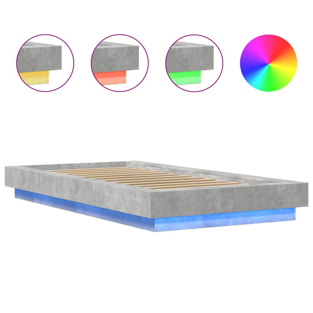 vidaXL Πλαίσιο Κρεβατιού με LED Γκρι Σκυρ. 90 x 190 εκ. Επεξεργ. Ξύλο