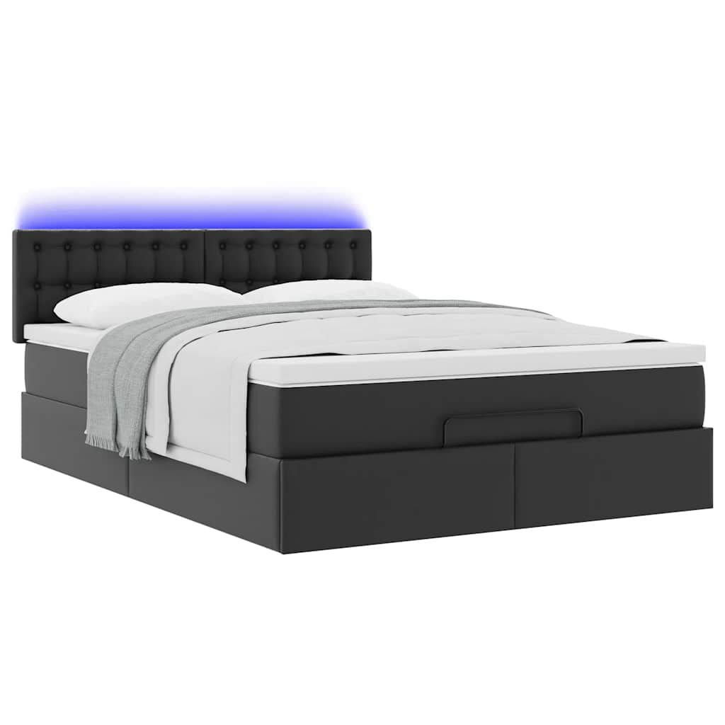 vidaXL Οθωμανικό κρεβάτι με στρώματα & LEDs Μαύρο Faux Leather