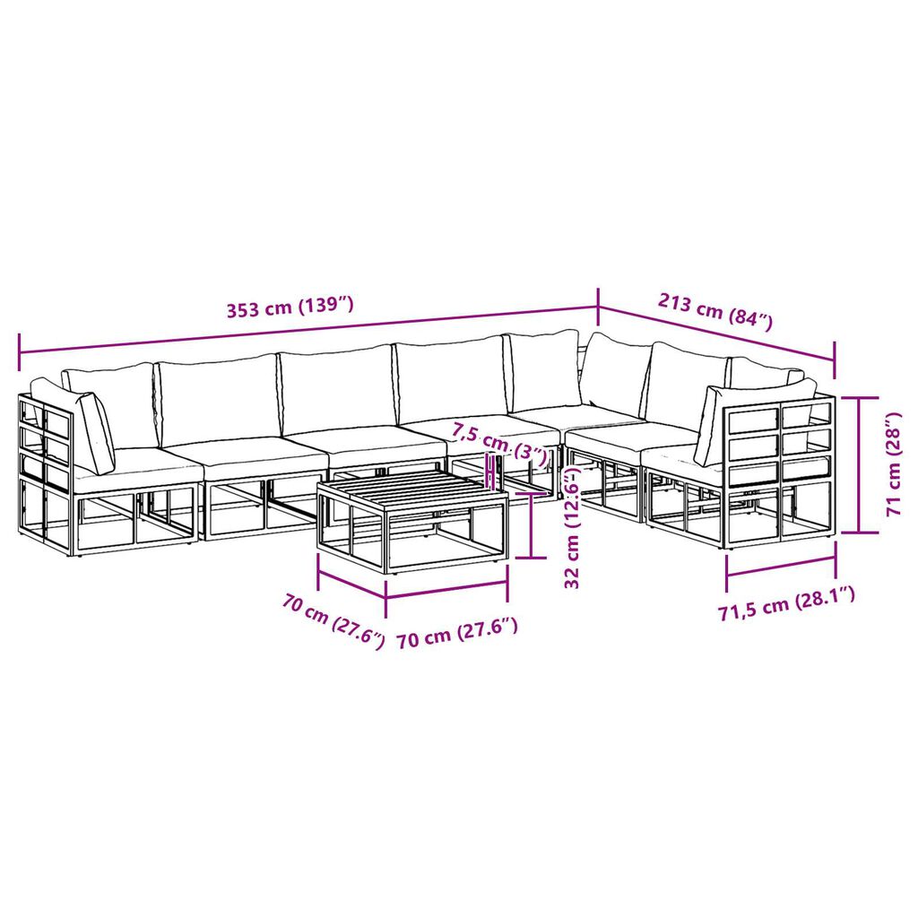 vidaXL Σετ Καναπέ Κήπου 8 pcs Μαύρο 70 x 70 x 32 εκ Αλουμίνιο