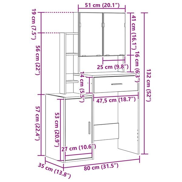 vidaXL Τραπέζι Μακιγιάζ με συρτάρι Μαύρη δρυς 80 x 35 x 132 εκ.