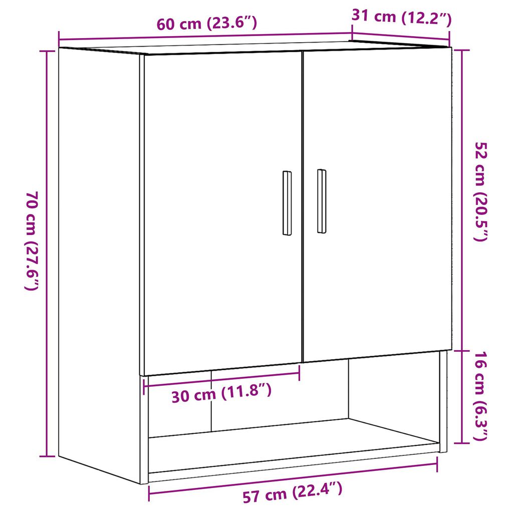 vidaXL Ντουλάπα Τοίχου Μαύρη Δρυς 60x31x70 εκ Επεξεργασμένο Ξύλο