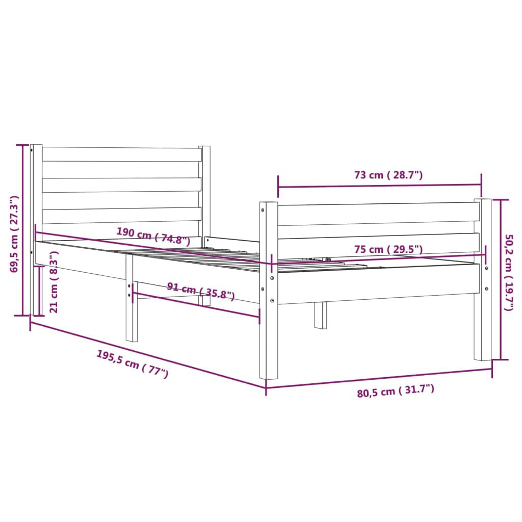 vidaXL Πλαίσιο Κρεβατιού Μελί 75x190 εκ. Ξύλο Πεύκου Small Single