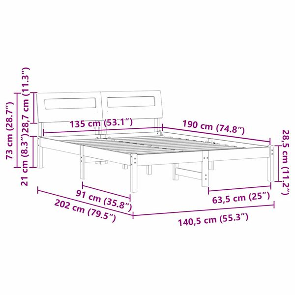 vidaXL Σκελετός Κρεβατιού Καφέ 135 x 190 cm Μασίφ ξύλο πεύκου