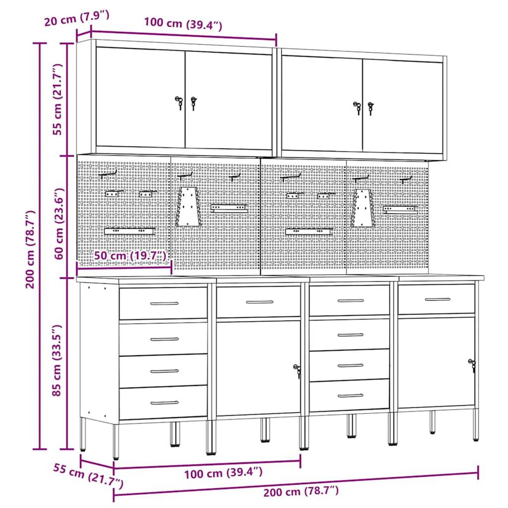 vidaXL Ντουλάπα Εργασίας με συρτάρι 10 pcs Μαύρο 200 x 55 x 200 εκ.