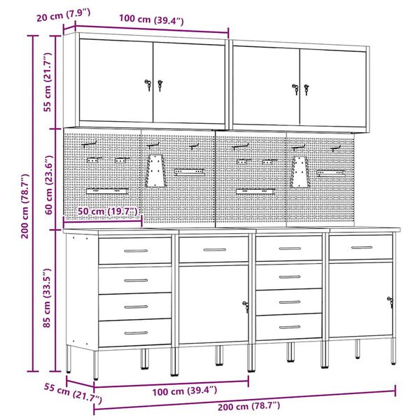 vidaXL Ντουλάπα Εργασίας με συρτάρι 10 pcs Μαύρο 200 x 55 x 200 εκ.
