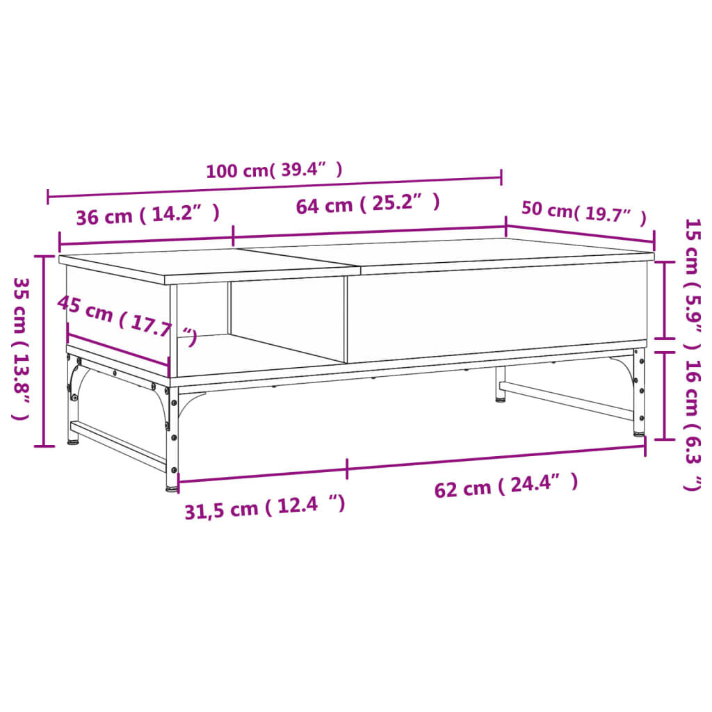 vidaXL Τραπεζάκι Σαλονιού Γκρι Sonoma 100x50x35 εκ. Επεξ. Ξύλο/Μέταλλο