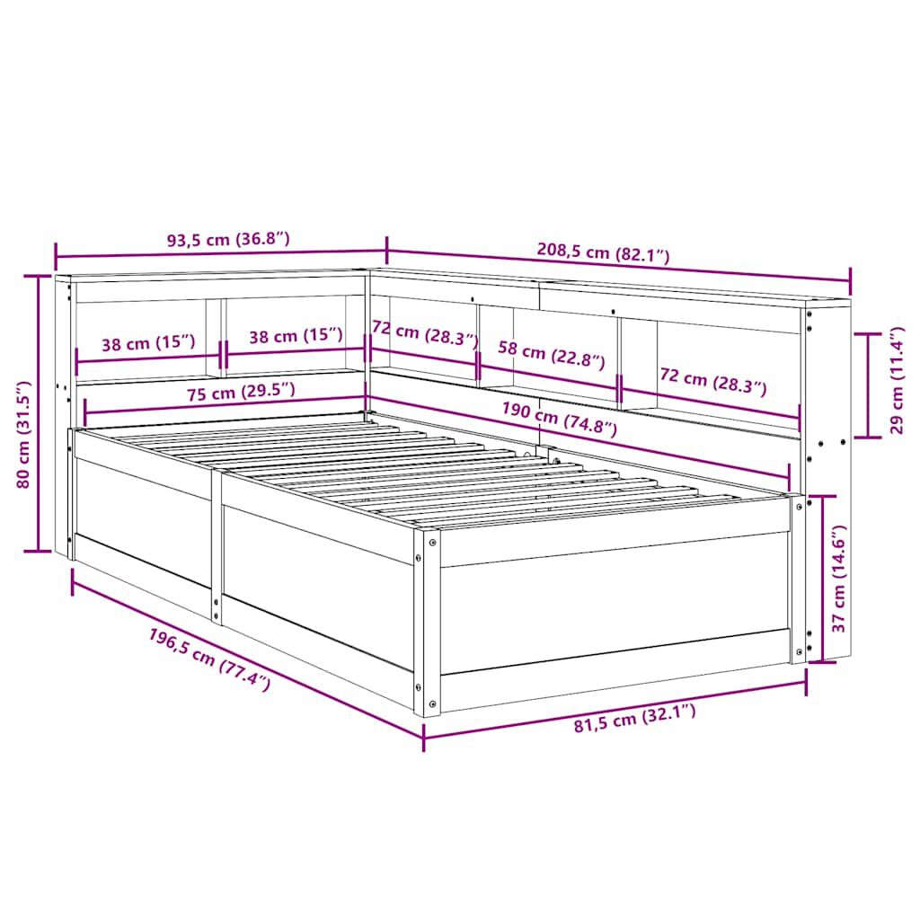 vidaXL Κρεβάτι Βιβλιοθήκη Χωρίς Στρώμα 75x190 εκ Μασίφ Ξύλο Πεύκο
