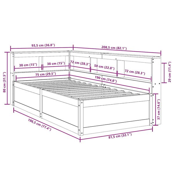 vidaXL Κρεβάτι Βιβλιοθήκη Χωρίς Στρώμα 75x190 εκ Μασίφ Ξύλο Πεύκο