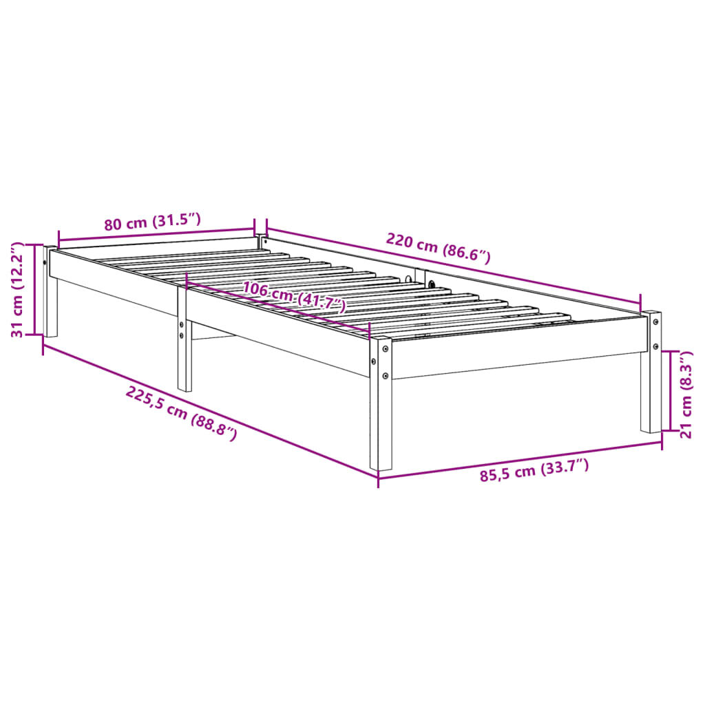 vidaXL Πλαίσιο Κρεβατιού Μακρύ Χωρίς Στρώμα 80x220 εκ Μασίφ Πεύκο
