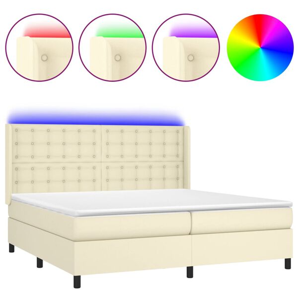 vidaXL Κρεβάτι Boxspring με Στρώμα & LED Κρεμ 200x200 εκ. Συνθ. Δέρμα
