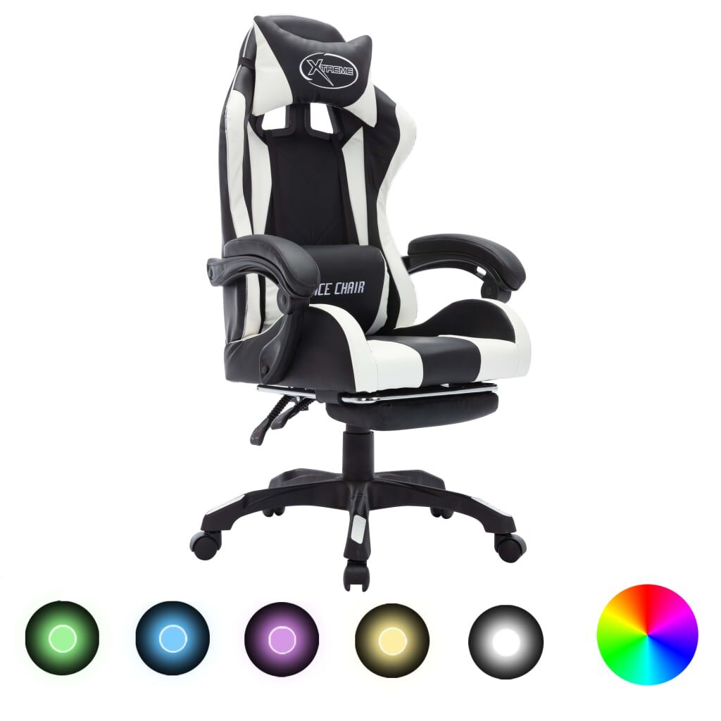 vidaXL Καρέκλα Racing με Φωτισμό RGB LED Ασπρόμαυρη Συνθετικό Δέρμα