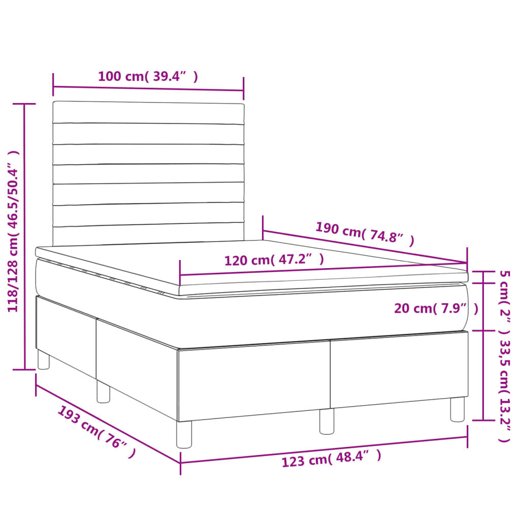 vidaXL Κρεβάτι Boxspring με Στρώμα & LED Αν.Γκρι 120x190εκ. Βελούδινο
