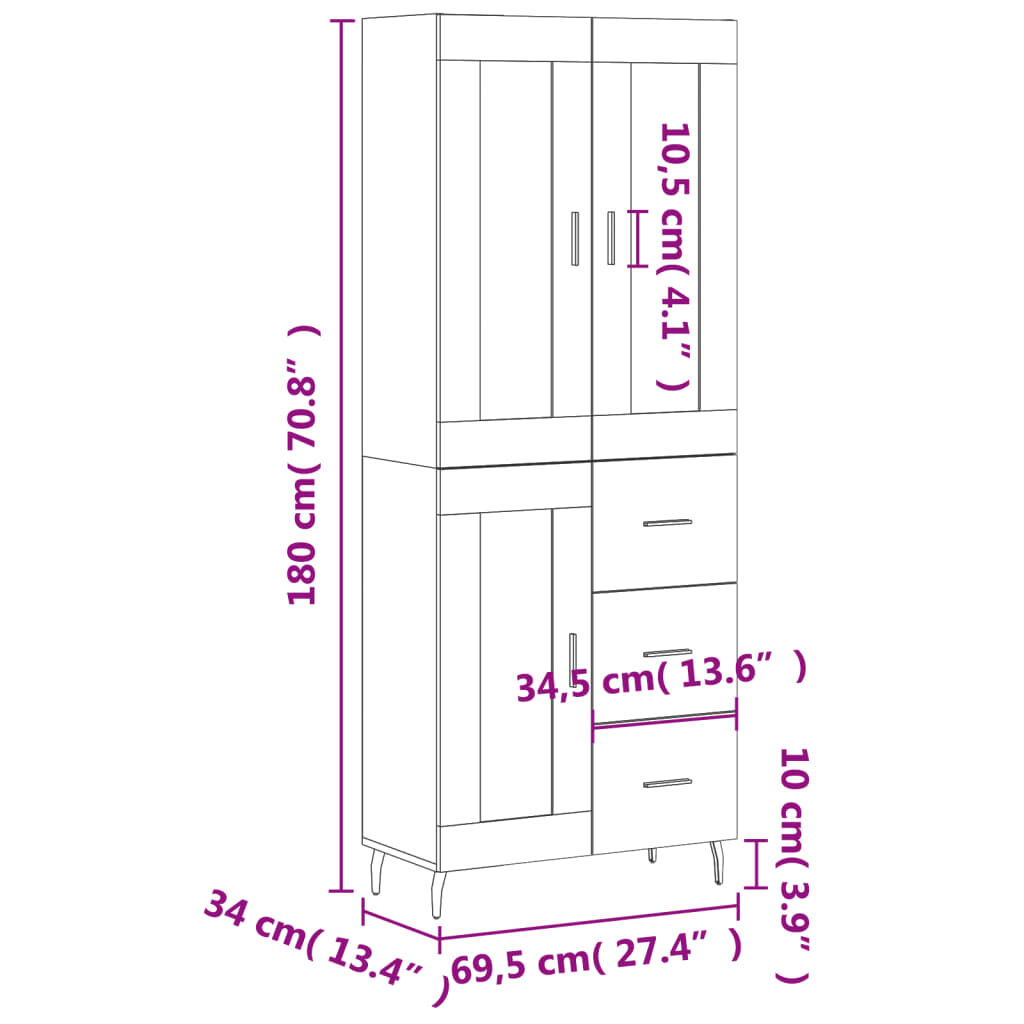 vidaXL Ντουλάπι Καφέ Δρυς 69,5 x 34 x 180 εκ. από Επεξεργασμένο Ξύλο