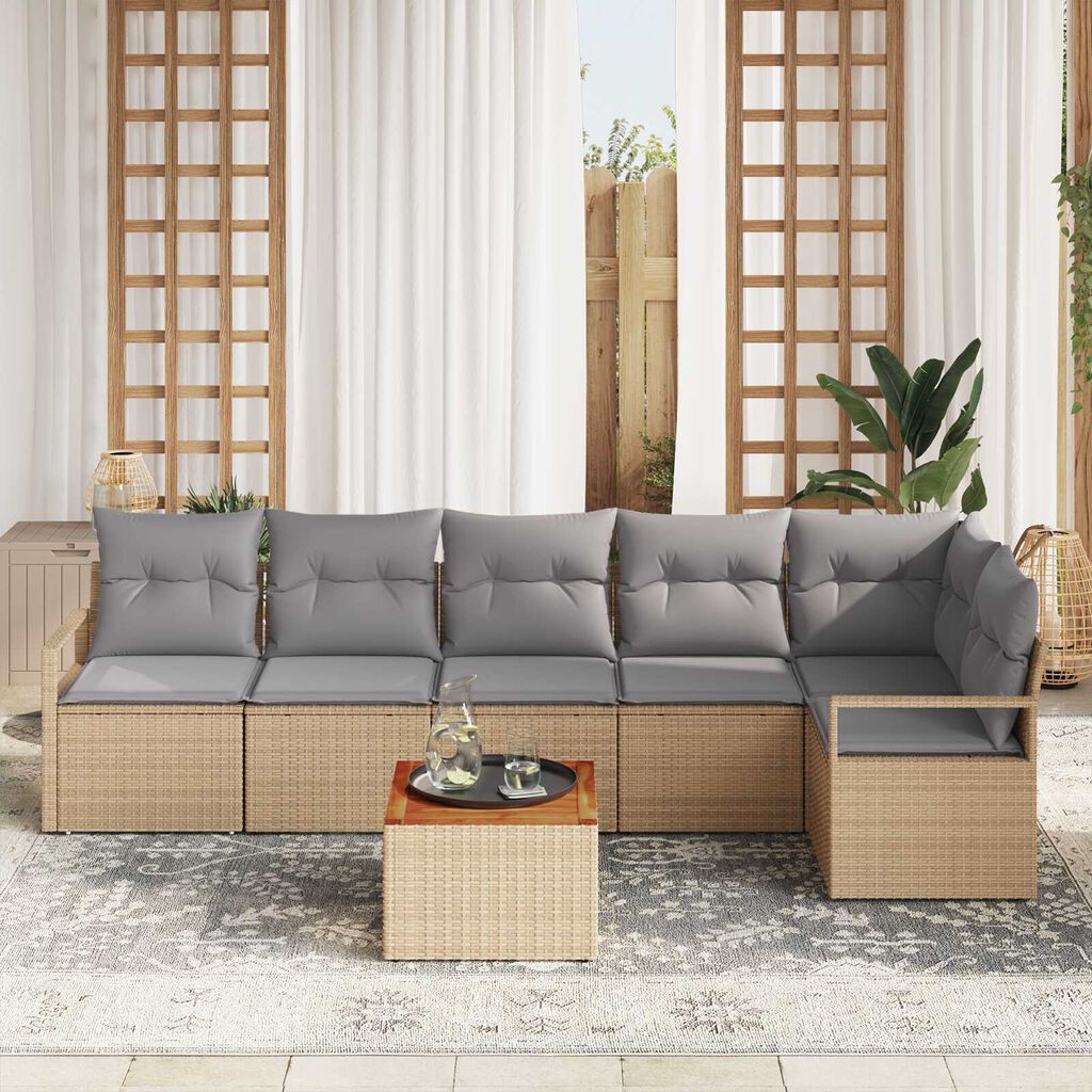 vidaXL Σετ Καναπέ Κήπου με μαξιλάρι 7 pcs Μπεζ Πολυ ράταν