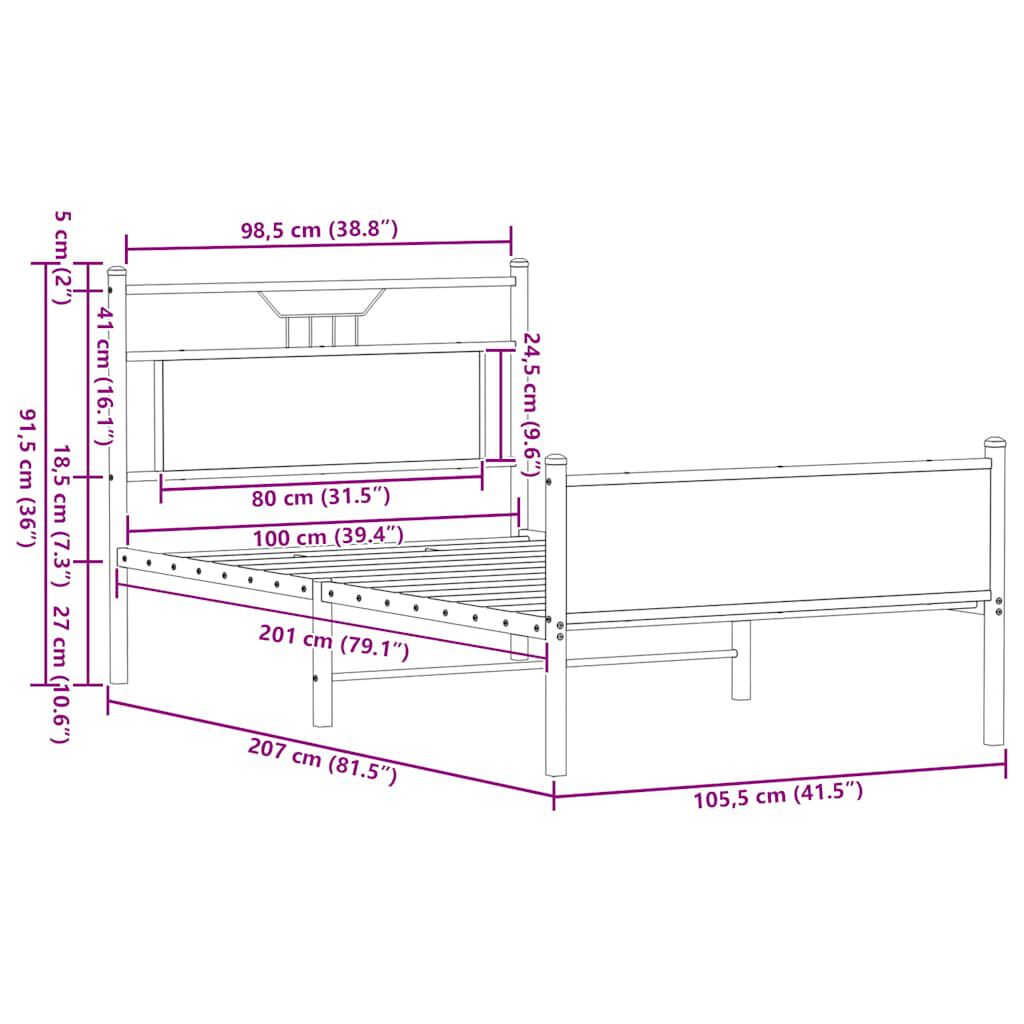 vidaXL Πλαίσιο Κρεβατιού Καπνιστή Δρυς 100x200 εκ. Επεξεργασμένο Ξύλο