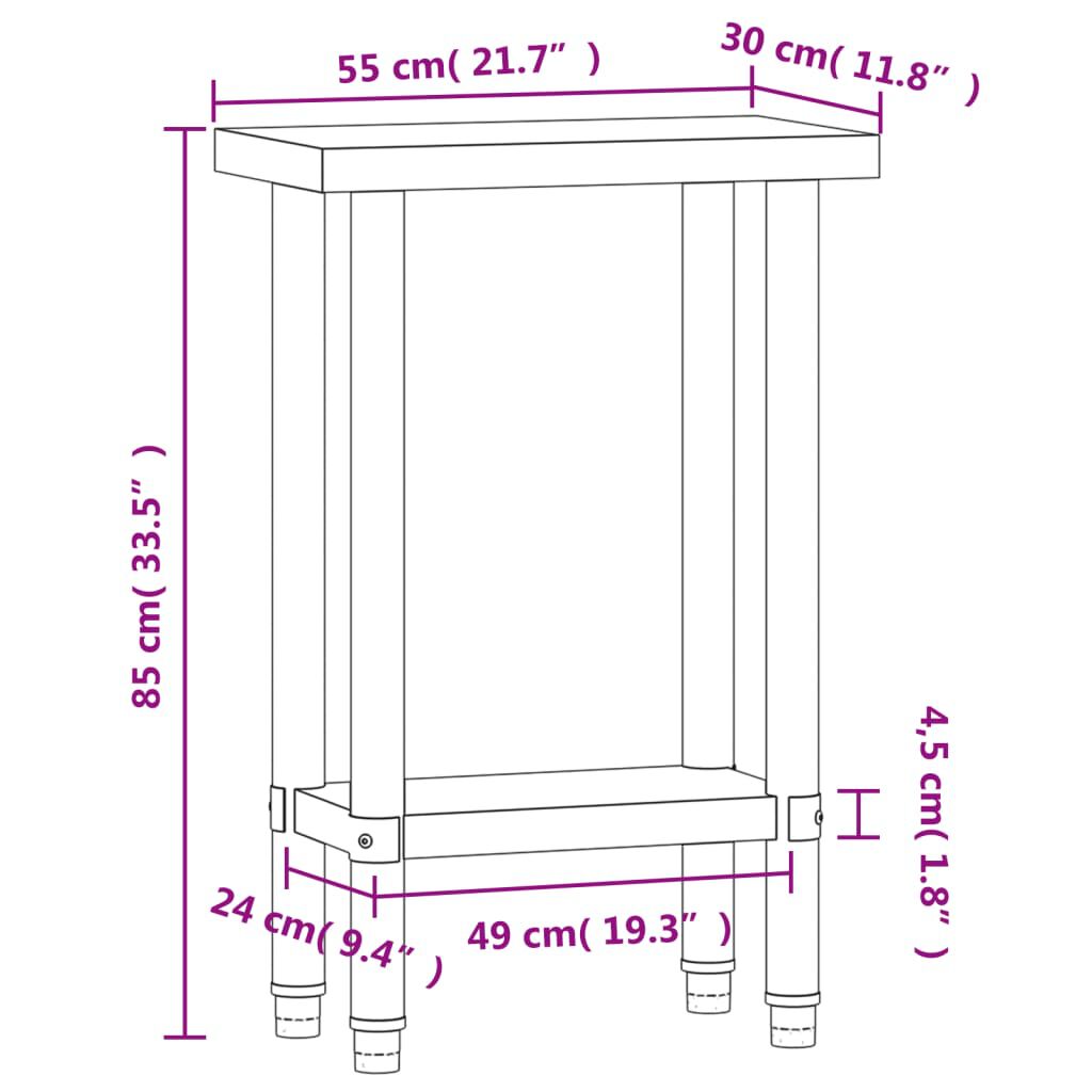 vidaXL Πάγκος Εργασίας Κουζίνας 55x30x85 εκ. από Ανοξείδωτο Ατσάλι