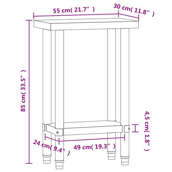 vidaXL Πάγκος Εργασίας Κουζίνας 55x30x85 εκ. από Ανοξείδωτο Ατσάλι