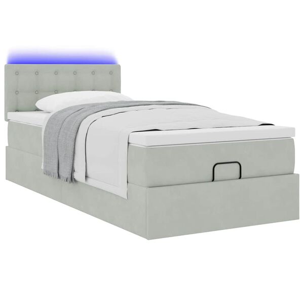 vidaXL Οθωμανικό κρεβάτι με στρώμα&LEDs Ανοιχτό γκρι 90x200cm Βελούδο