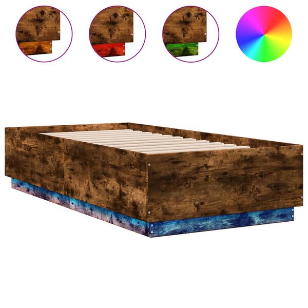 vidaXL Πλαίσιο Κρεβατιού με LED Καπνιστή Δρυς 75x190 εκ. Επεξεργ. Ξύλο