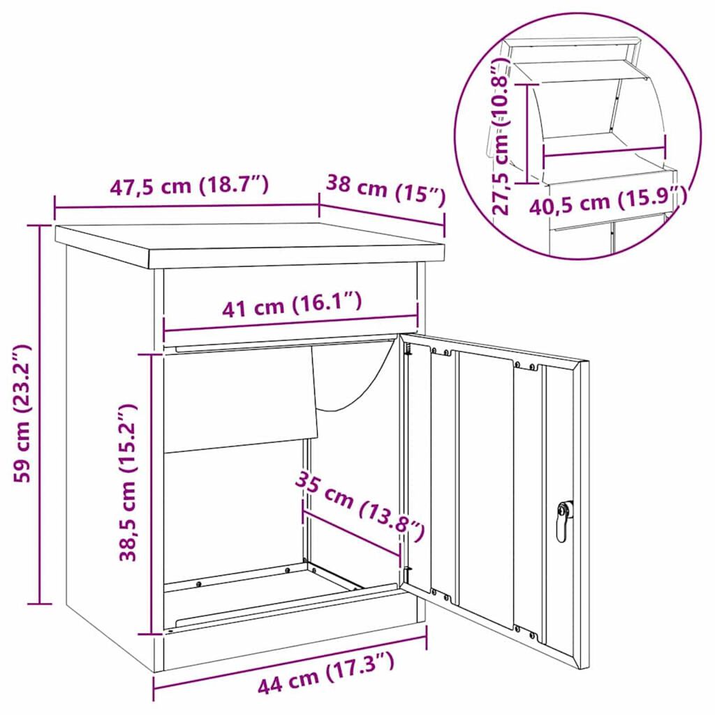 vidaXL Θυρίδα Πακέτων Μαύρο 41 x 38 x 103 εκ Ανοξείδωτο ατσάλι