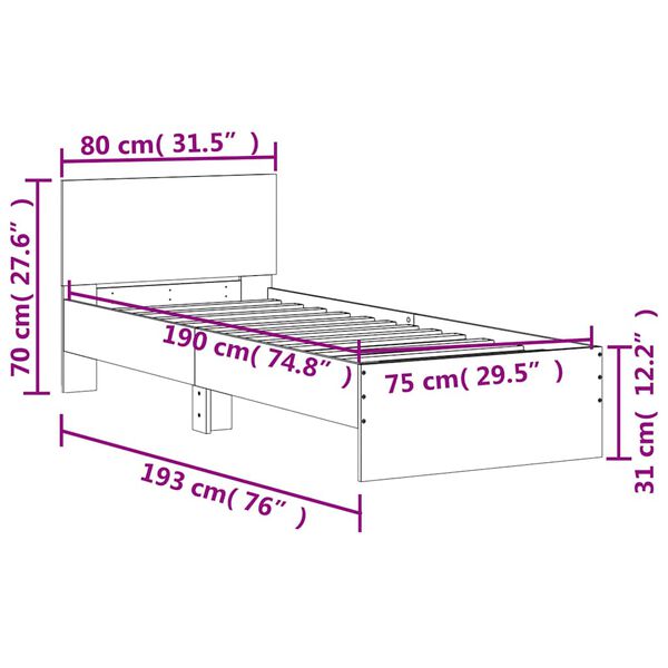vidaXL Πλαίσιο Κρεβατιού με Κεφαλάρι Μαύρο 75x190 εκ. Επεξ. Ξύλο
