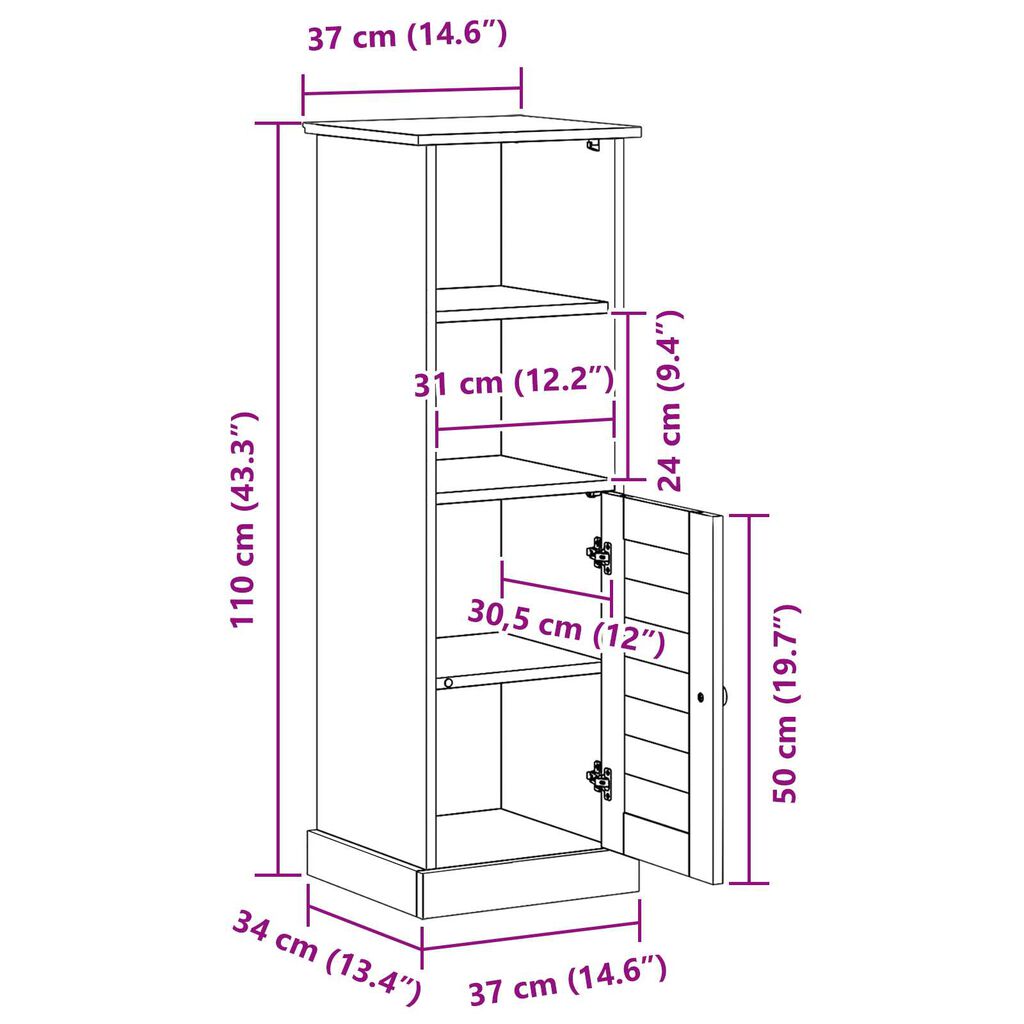 vidaXL Ντουλάπι Μπάνιου Λευκό 37 x 34 x 110 εκ Μασίφ ξύλο πεύκου