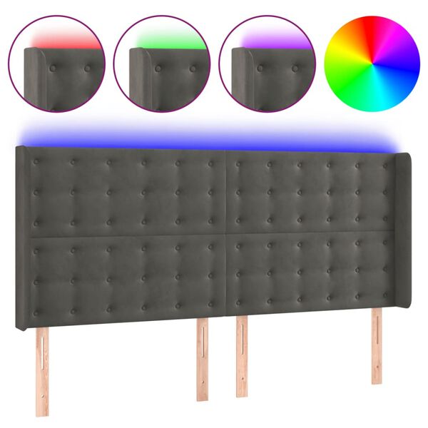 vidaXL Κεφαλάρι Κρεβατιού LED Σκούρο Γκρι 203x16x118/128εκ. Βελούδινο