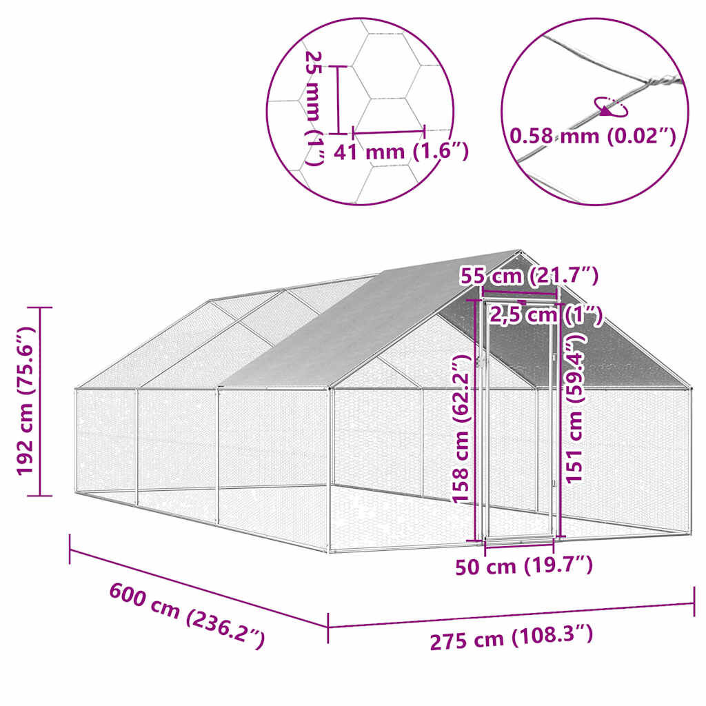 vidaXL Κοτέτσι - Κλουβί Εξωτ.Χώρου 2,75x6x1,92 μ. από Γαλβανισμένο Χάλυβα